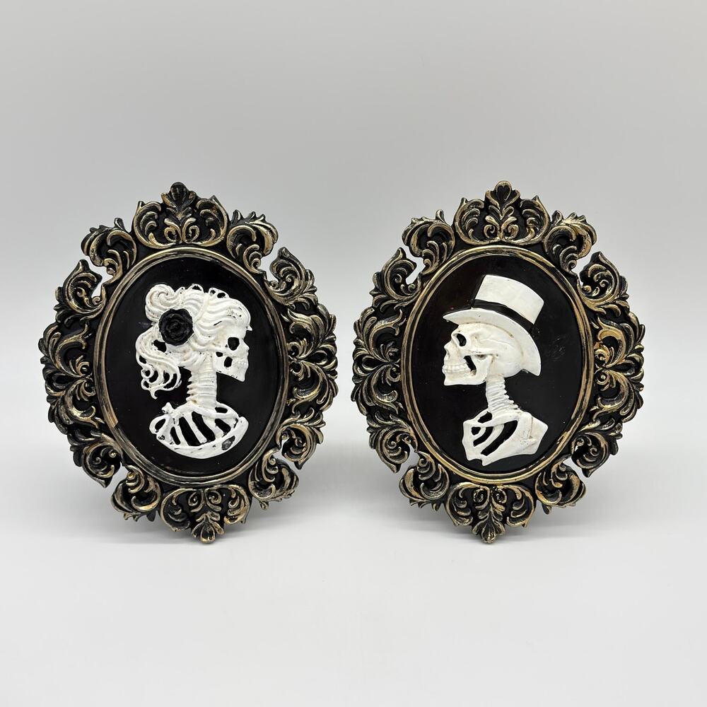 Set of 2 Skeleton Couple Cameo LED Picture Frames Halloween Decor NEW
